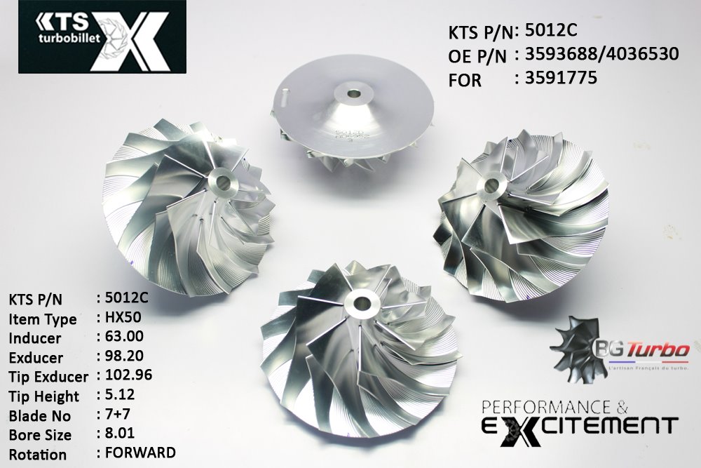 Turbo ROUE FORGÉE MFS PERFORMANCE - 7+7 PALES - INDUCER : 63 - EXDUCER : 98,2 - TYPE : HX50ANGLE : 40° - ROTATION : Forward - SUPER BACK : 6,27 - BORE SIZE : 8,01
